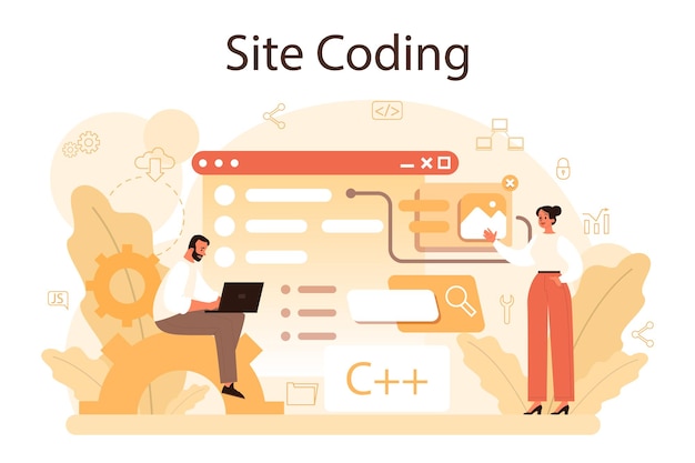 웹 사이트 개발 건물 및 개발 프로세스 웹 페이지 프로그래밍 및 코딩 디지털 전문가 격리 된 평면 그림