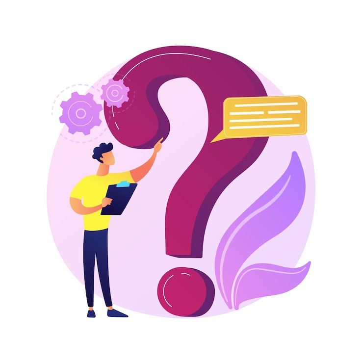 Website FAQ section. User helpdesk, customer support, frequently asked questions. Problem solution, quiz game Confused man cartoon character.    