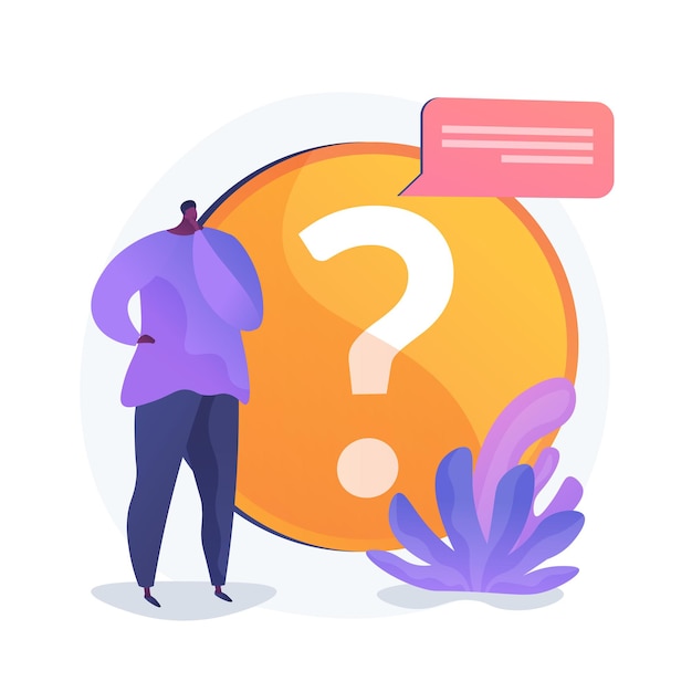 Website FAQ section. User helpdesk, customer support, frequently asked questions. Problem solution, quiz game Confused man cartoon character.  