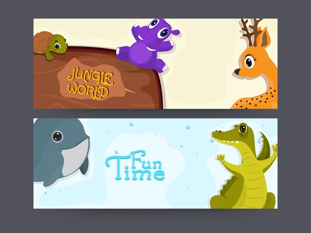 Заголовки веб-сайтов или баннеры с симпатичными персонажами животных, концепция Vector for Tour и Travel.