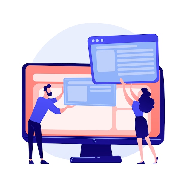 Website interface development planning. develops team flat characters working. ui, ux, content design. computer software creation and web development concept illustration