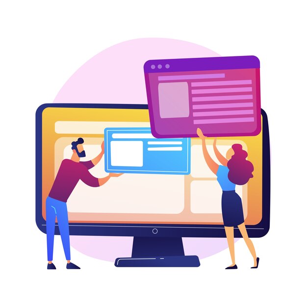 Website interface development planning. Devops team flat characters working. UI, UX, content design. Computer software creation and web development.  