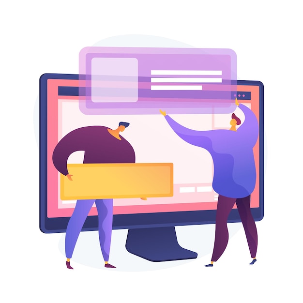 ウェブサイトインターフェースの開発計画。 Devopsチームのフラットキャラクターが機能しています。 UI、UX、コンテンツデザイン。コンピュータソフトウェアの作成とWeb開発。