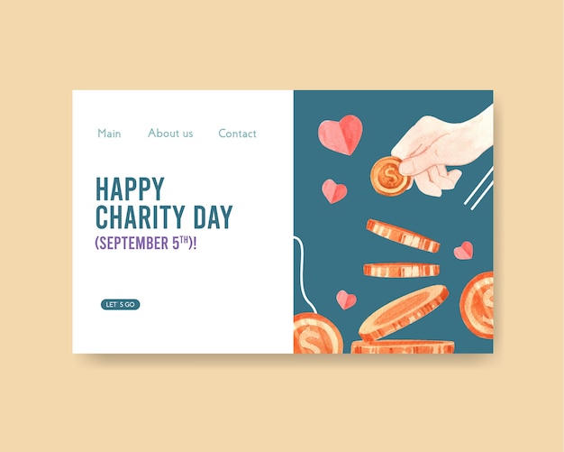 Шаблон целевой страницы веб-сайта с концептуальным дизайном международного дня благотворительности для интернет-сообщества и интернет-акварель вектор.