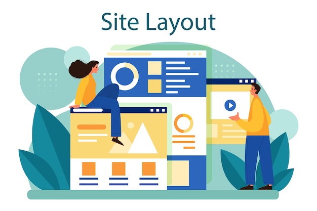 Concetto di layout del sito web sviluppo web progettazione e ottimizzazione di app mobili modello di interfaccia utente per la costruzione di persone tecnologia informatica illustrazione vettoriale piatta