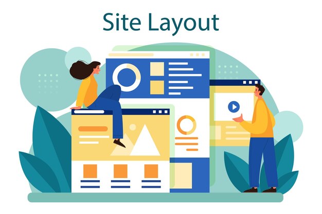 website layout concept web development mobile app design and optimization people building user interface template computer technology flat vector illustration