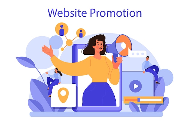 Website promotion concept online business promotion with a commercial campaign product digital advertising social media marketing isolated flat vector illustration