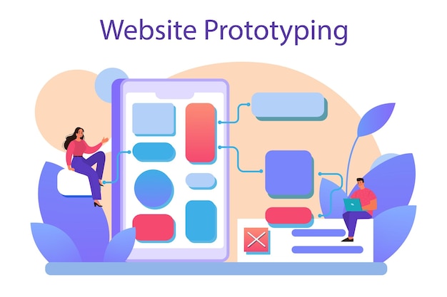 Prototipazione di siti web sviluppo dell'interfaccia di modellazione di pagine web brainstorming e concetto di idea creativa illustrazione vettoriale piatta isolata