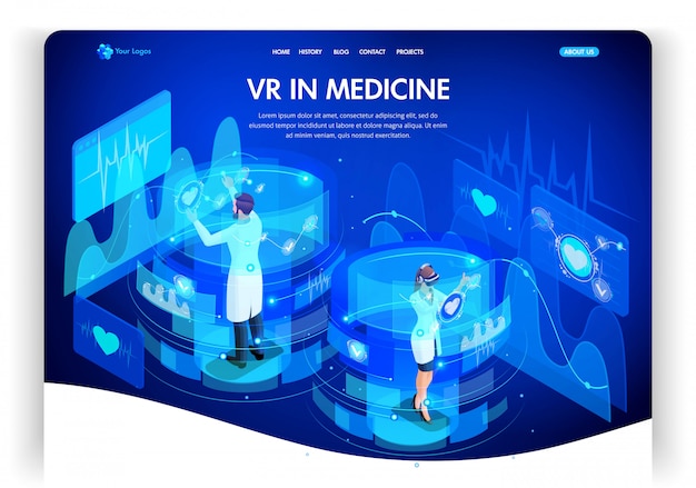Шаблон сайта. изометрические концепции дополненной реальности для медицины, врачи работают на виртуальных экранах. веб-дизайн целевой страницы. легко редактировать и настраивать