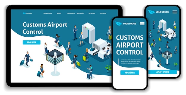 Website template landing page isometric concept international airport, customs airport control, business trip. easy to edit and customize, adaptiive ui ux.