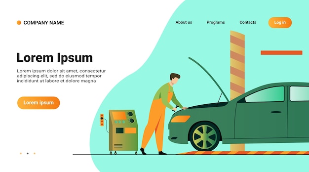 Website template, landing page with illustration of Auto mechanic repairing vehicle engine isolated flat vector illustration