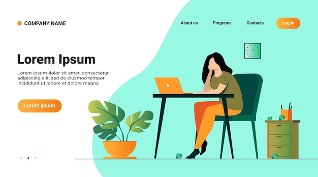 Free vector website template, landing page with illustration of cartoon exhausted woman sitting and table and working isolated flat vector illustration