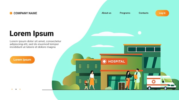 Website template, landing page with illustration of city hospital building