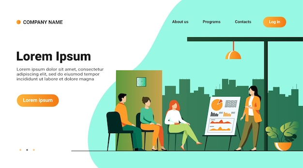 Modello di sito web, pagina di destinazione con illustrazione del coach che parla davanti al pubblico