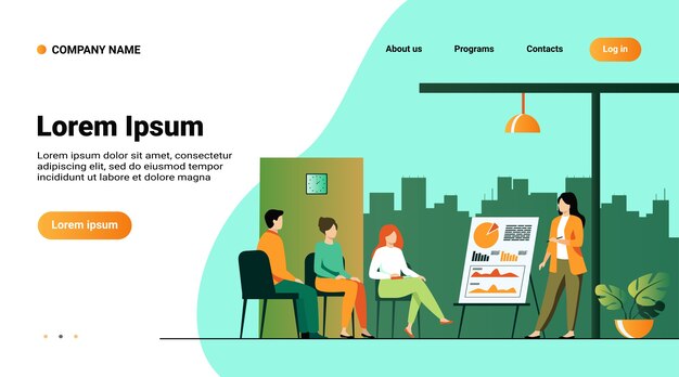 Free Vector website template, landing page with illustration of coach speaking before audience