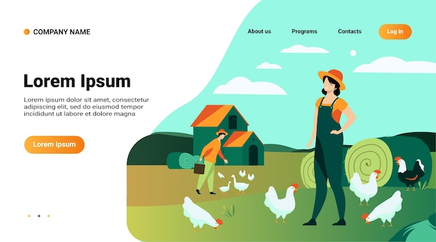 ウェブサイトのテンプレート、養鶏場に取り組んでいる農家のイラストとランディングページ分離フラットベクトルイラスト