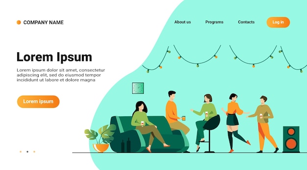 ウェブサイトのテンプレート、ホームパーティーで幸せな友達のイラストとランディングページ分離フラットベクトルイラスト