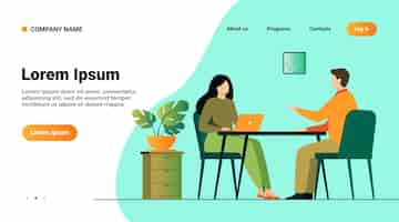 Free vector website template, landing page with illustration of job interview conversation. hr manager and employee candidate meeting and talking
