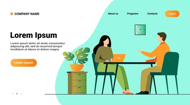 Free Vector website template, landing page with illustration of job interview conversation. hr manager and employee candidate meeting and talking