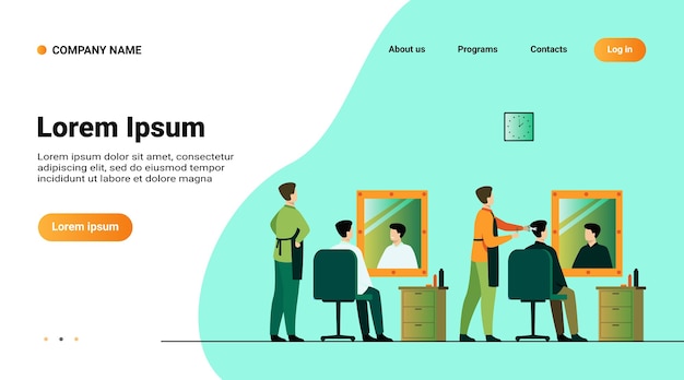 Website template, landing page with illustration of men sitting in barbershop isolated flat vector illustration