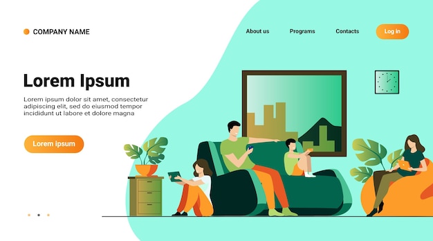 無料ベクター ウェブサイトのテンプレート、ガジェットと隔離されたフラットベクトルイラストと一緒に家に座っている漫画家族のイラストとランディングページ
