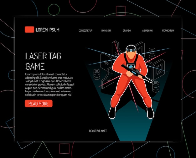 Free vector website template for laser tag game concept rules equipment offers isometric design with player holding gun