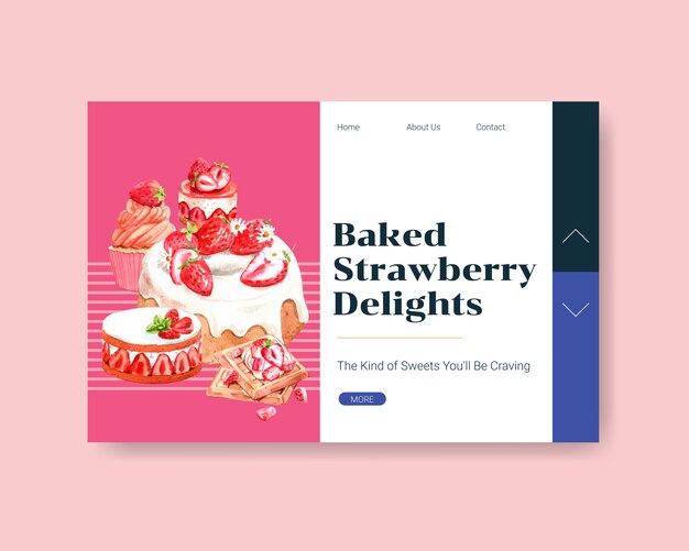 イチゴのインターネット、オンラインコミュニティのデザインを焼くと水彩イラストを宣伝するウェブサイトテンプレート