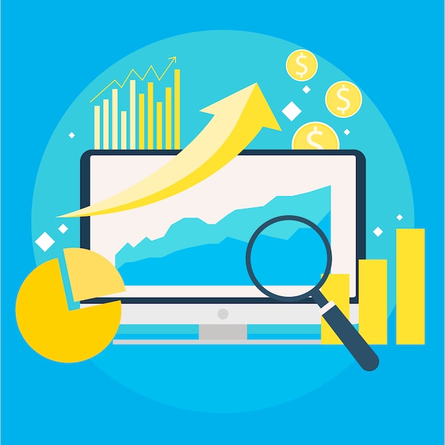 Website traffic growth banner. Computer with diagrams, growth charts. Magnifying glass.