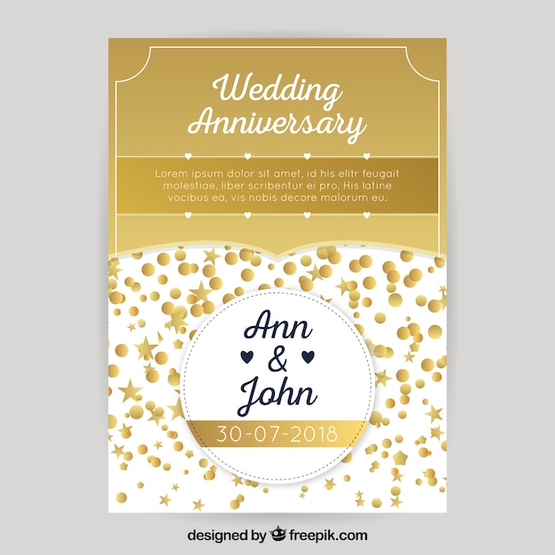 Free vector wedding anniversary card in golden style