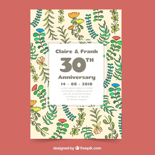 Free vector wedding anniversary card with colorful flowers