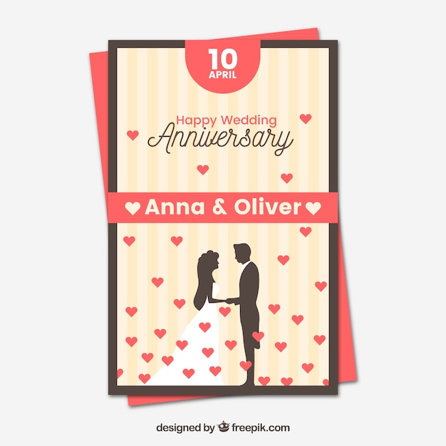 Free vector wedding anniversary card with couple silhouette