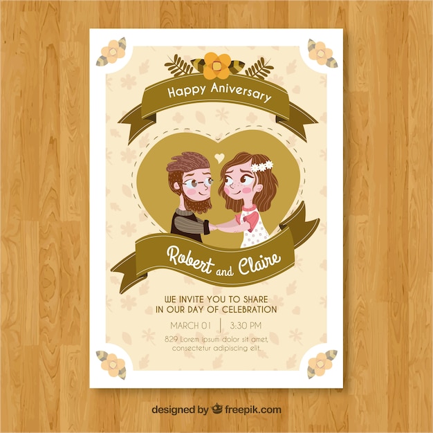 Free vector wedding anniversary card with cute couple