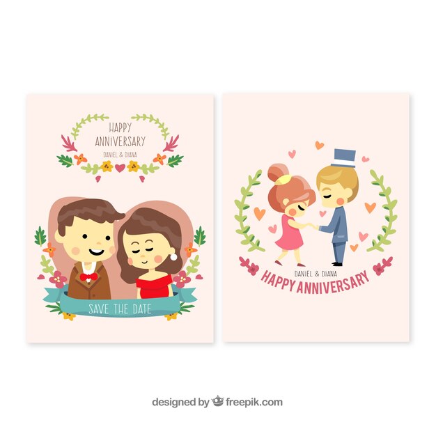 Free vector wedding anniversary card with cute couples