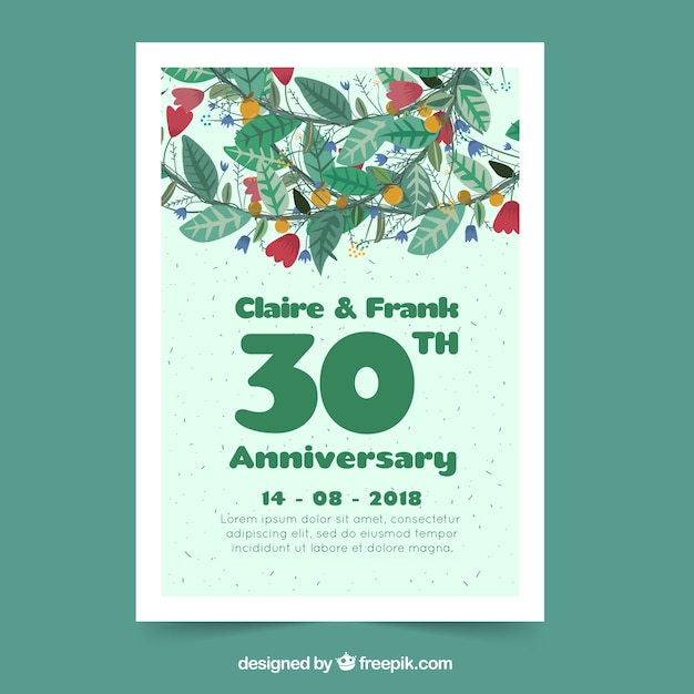 Free vector wedding anniversary card with flowers