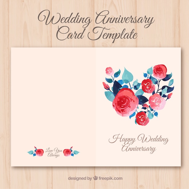 Free vector wedding anniversary card with watercolor flowers