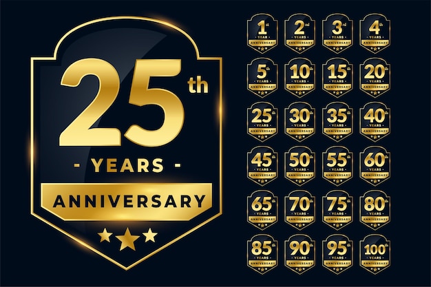 Free vector wedding anniversary labels set in golden