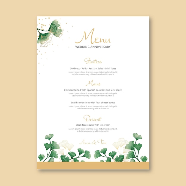 Modello di menu anniversario di matrimonio