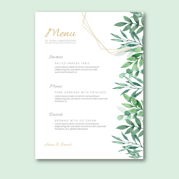 Menu anniversario di matrimonio con foglie