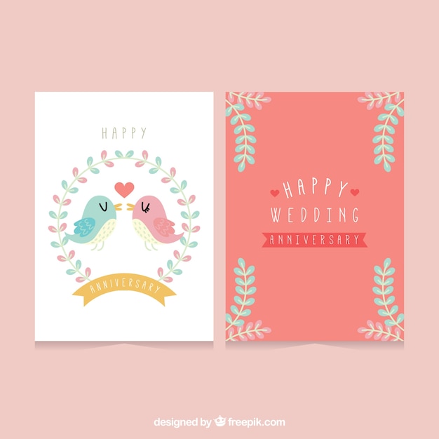 Wedding anniversaty card with birds and flowers