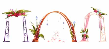 Free vector wedding arches decorated with flowers, leaves