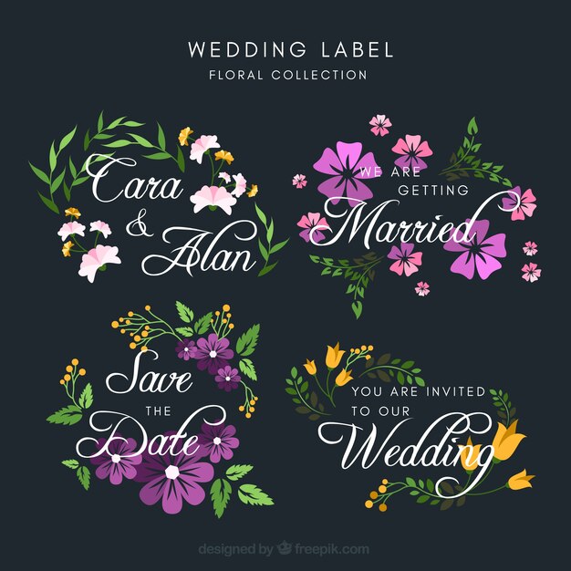 Vettore gratuito collezione di etichette di nozze con disegno floreale