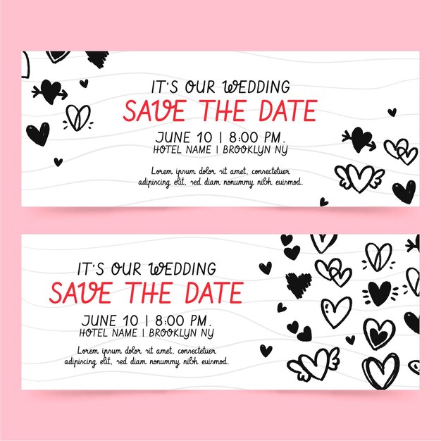 Wedding banners template with doodled hearts