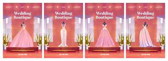 Free vector wedding boutique posters with luxury bride dresses and accessories