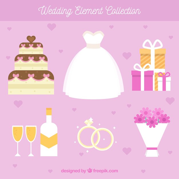 Wedding cake and other elements in flat design