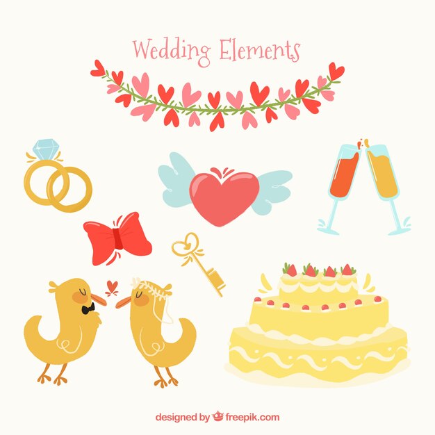 작은 새의 귀여운 커플과 웨딩 케이크