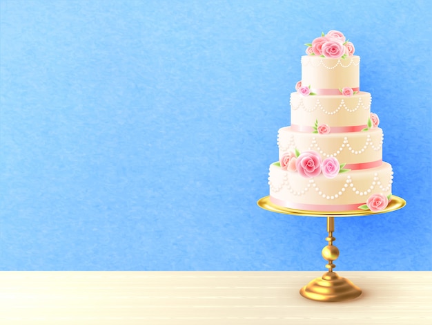 Free vector wedding cake with roses realistic illustration