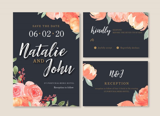 wedding card flower watercolor, thanks card, invitation marriage illustration