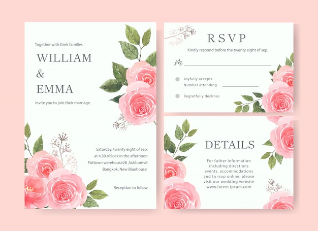 Acquerello del fiore della carta di nozze, carta di ringraziamenti, illustrazione di matrimonio dell'invito