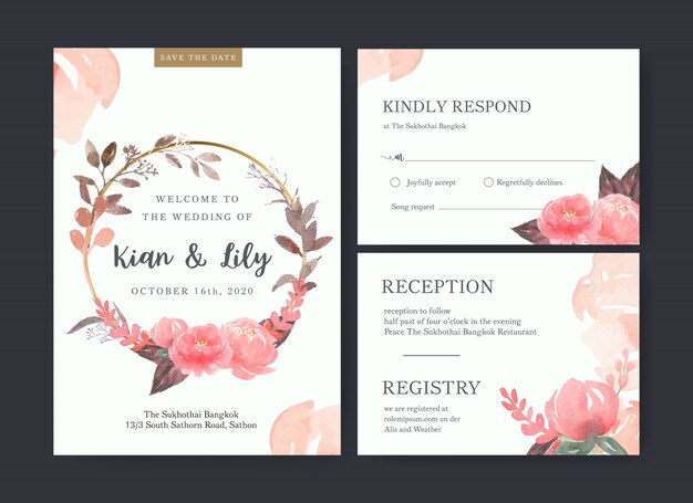 wedding card flower watercolor, thanks card, invitation marriage illustration