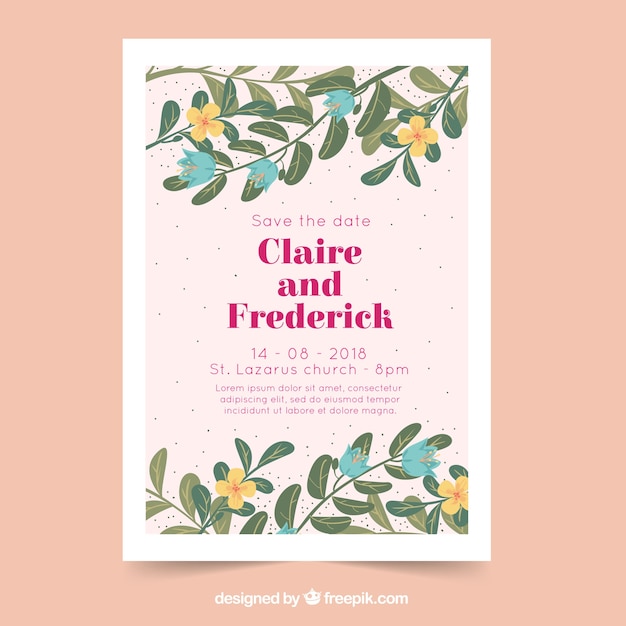 Wedding card invitation floral in flat style